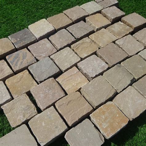 Raj Green Sandstone Setts And Cobbles 100x100x50 Stone Paving Direct