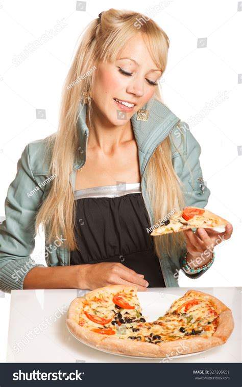 Cheerful Blonde Fashion Woman With Pizza Piece On White Background