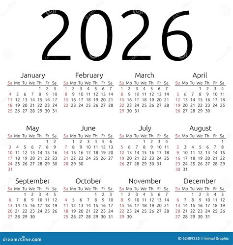 Calendario 2026 Domenica Di Vettore Illustrazione Vettoriale