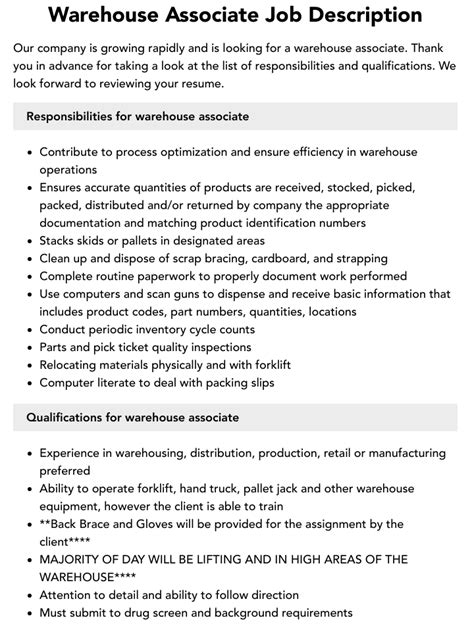 Warehouse Associate Job Description Velvet Jobs