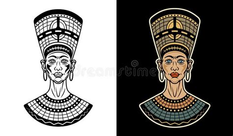 Ilustración Vectorial De La Antigua Reina Egipcia Nefertiti En Dos Estilos Negro Sobre Blanco Y