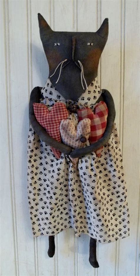 Primitive Grungy Missy Kitty Black Cat Doll And Her Homespun Valentine