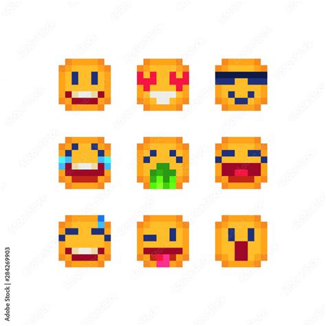 Various Emotions Cute Faces Pixel Art Icon Set Funny Cartoon