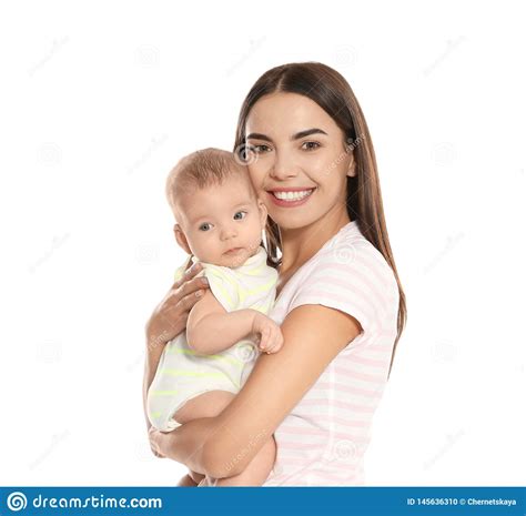 Portrait Of Happy Mother With Her Baby On White Stock Photo Image Of