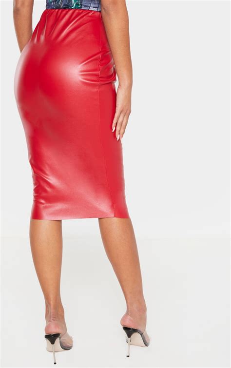 Red Basic Faux Leather Midi Skirt Skirts Prettylittlething