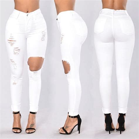 Drop Shipping Sexy Casual Jeans Women High Waist Skinny Pencil Denim Pants Ripped Hole Elastic