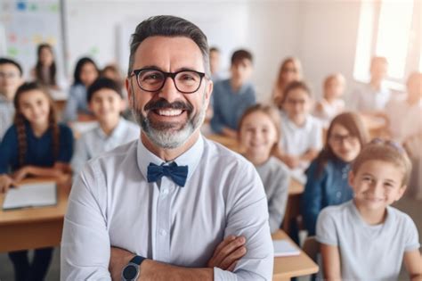Premium Ai Image Portrait Of A Happy Male Teacher With Glasses Standing In A Classroom With
