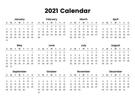 Full Year Calendar 2021