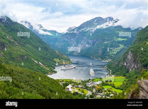 End Of The Famous Geiranger Fjord Norway With Cruise Ship Top View