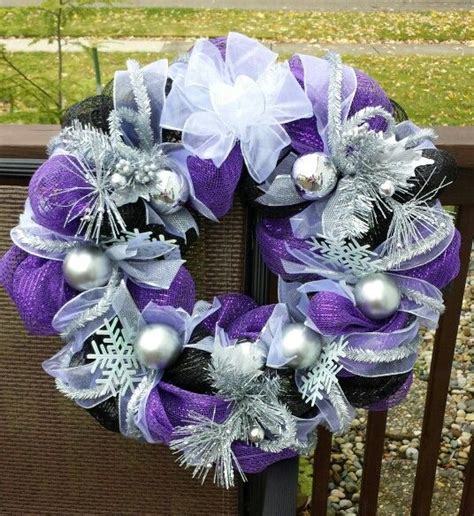 Purple Black And Silver Christmas Winter Deco Mesh Wreath Purple