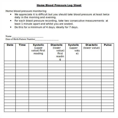 Blood Pressure Monitoring Charts Printable Template Business Psd