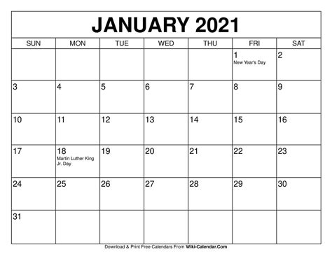 Printable Jan 2021 Calendar Print The Calendar And Mark The Important