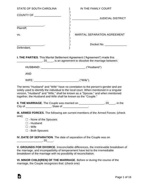 Free South Carolina Marital Settlement Divorce Agreement Pdf Word