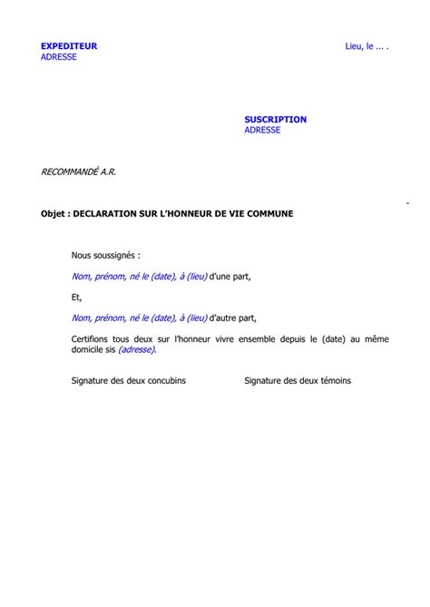 Modelé de declaration sur lhonneur de vie commune DOC PDF page
