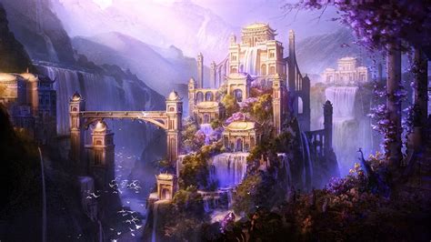 Shangri La Fantasy Art Castle City Mountain Artwork Waterfall