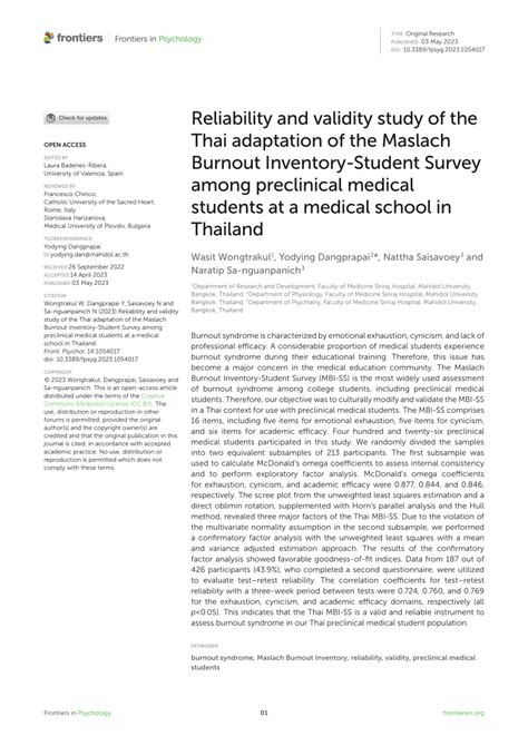 Pdf Reliability And Validity Study Of The Thai Adaptation Of The