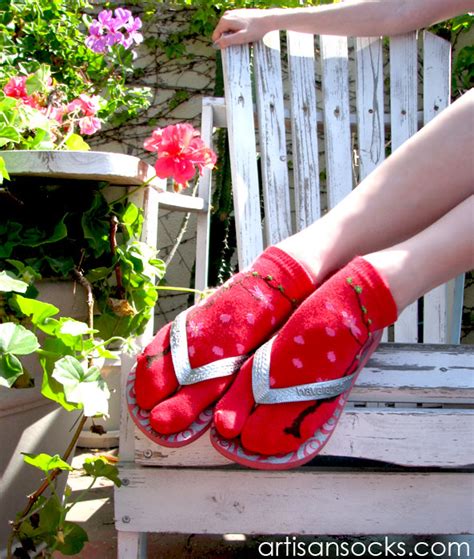 K Bell Cherry Blossom Tabi Red Cotton Floral Print Split Toe Socks