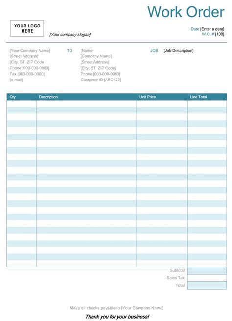 Blank Work Order Forms Templates