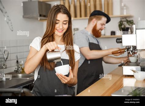 Coffee Business Concept Close Up Lady Barista In Apron Preparing And