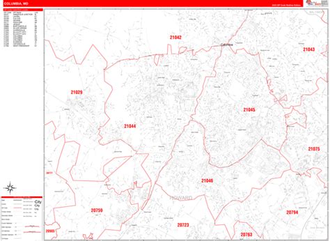 Columbia Maryland Zip Code Wall Map Red Line Style By Marketmaps