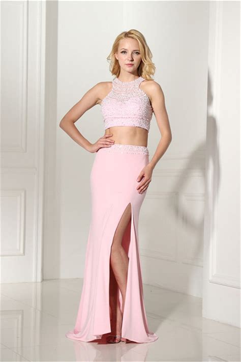 Sheath Open Back Two Piece Light Pink Jersey Beaded Prom Dress With Slit