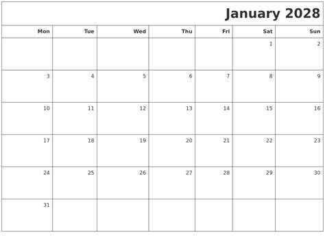 January 2028 Printable Blank Calendar