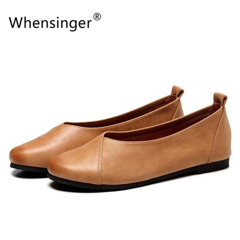 Whensinger 2018 New Woman Genuine Leather Shoes Slip On Flats Round Toe