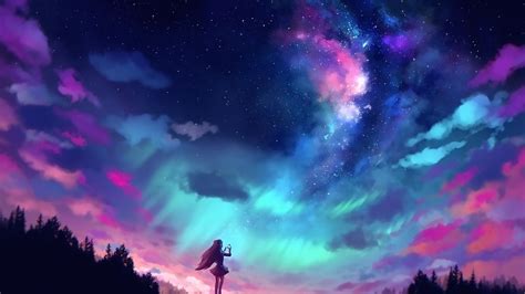 Anime Girl And Colorful Sky Full Hd Wallpaper