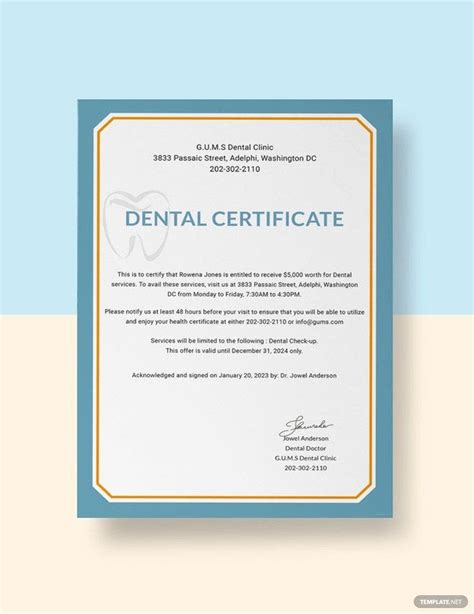 Dental Medical Certificate Sample Template In Google Docs Word Publisher Pages Download