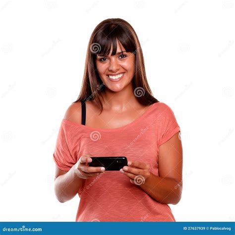 Pretty Young Woman Looking At You Using Mobile Stock Image Image Of