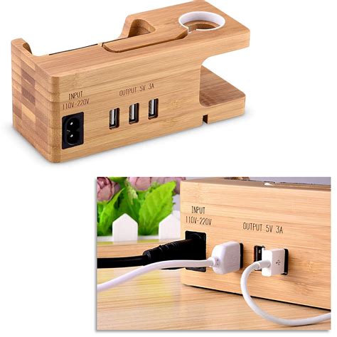 Auperto Usb Charging Stand Phone Stand With 3 Usb Port Bamboo Wood