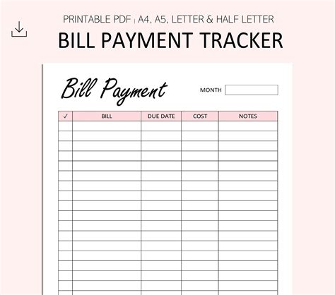 Monthly Bill Payment Tracker Printable Bill Pay Checklist Etsy Bills
