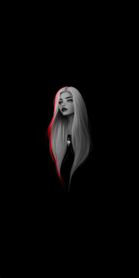 a drawing of a woman with long white hair and red lipstick on her face in the dark