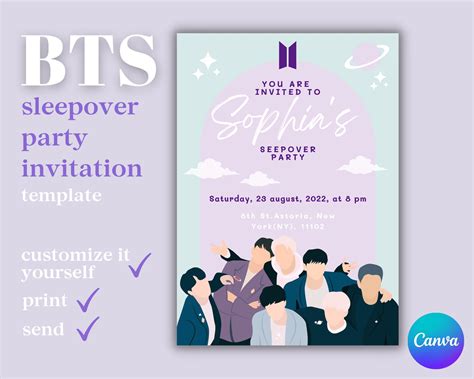 Bts Sleepover Party Invitation Canva Template Sleepover Etsy