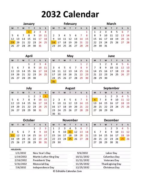 2032 Calendar With Us Holidays Editable In Excel Word Pdf