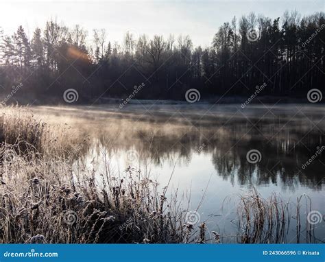 Beautiful Early Winter Morning Scenery Of Landscape Of A Lake With
