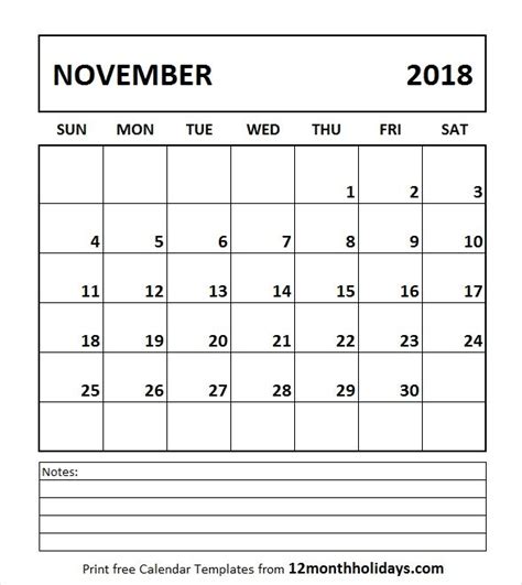 November 2018 Calendar Printable Template Calendar Printables Free