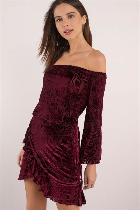 Chic Wine Wrap Dress Winona Off Shoulder Dress Velvet Wrap Dress 144 Tobi Us