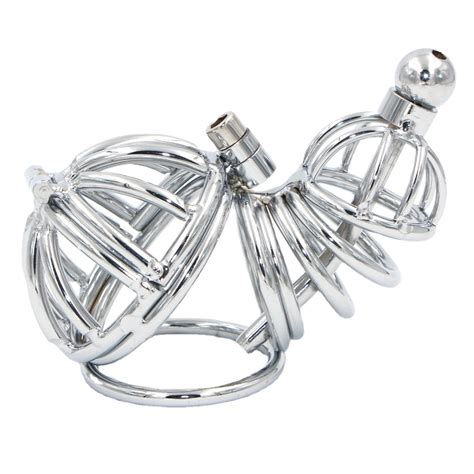 2022 New Metal Double Male Chastity Cage Cock Cage With Urethral Tube
