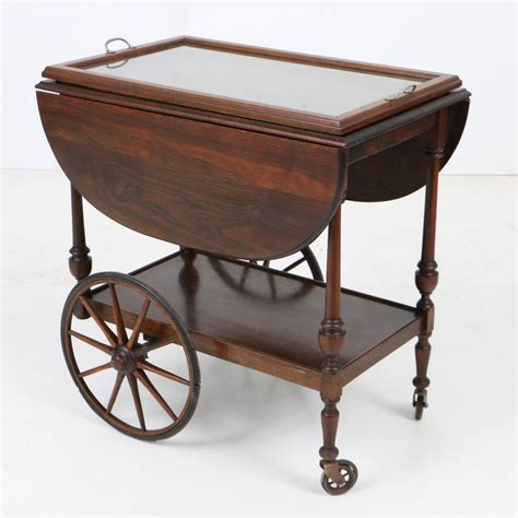 Vintage Walnut Tea Cart With Glass Serving Tray Glass Serving Trays