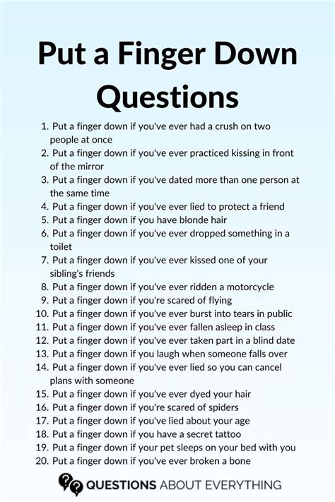 List Of 20 Put A Finger Down Questions Fun Sleepover Games Things To Do At A Sleepover Crazy