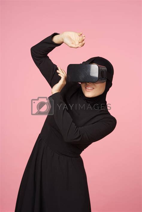 Woman In Black Hijab Glasses Virtual Reality Technology Movie Watching By Vichizh Vectors