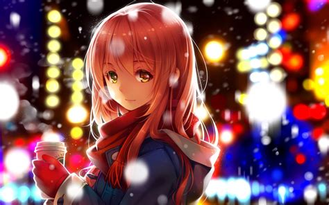 Coffee Winter Snow Lights Anime Original Characters Anime Girls Manga Wallpapers Hd