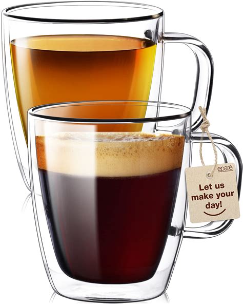 2 pack 12 oz double walled glass coffee mugs with handle insulated layer coffee cups clear