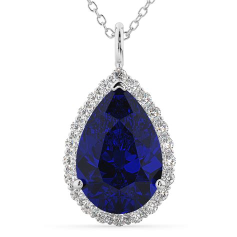 Halo Blue Sapphire And Diamond Pear Shaped Pendant Necklace 14k White