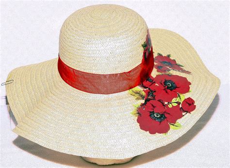 Beach Hat Sun Hat Decorated Red Poppies Floral Ribbon Ladies Wide Brim