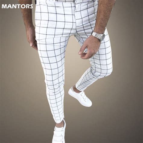 Calças de lápis dos homens calças casuais moda xadrez calças masculinas
