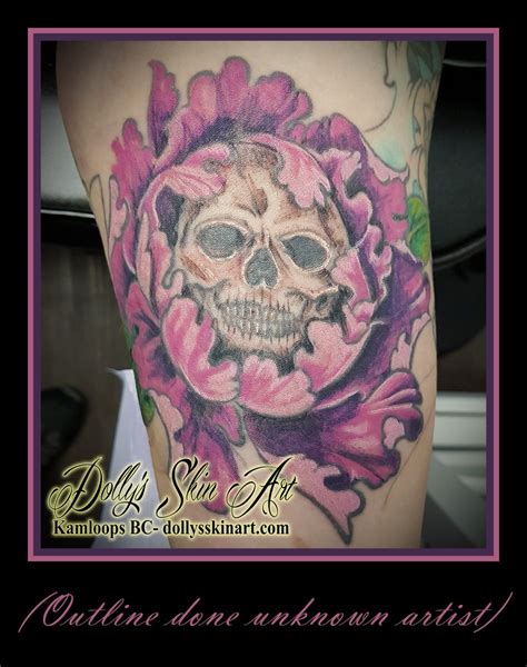 Pink Purple Flower Skull Fill In Colour Of Older Outline Tattoo