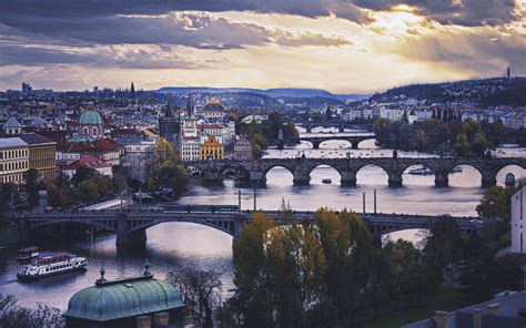 Download Wallpapers Prague 4k Sunset Bridges Skyline Czech