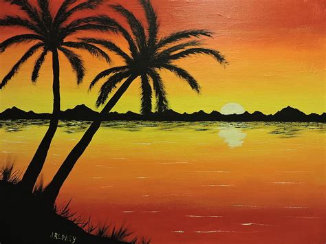 Palm Trees And A Bright Orange Sunset On The Ocean Painting By Jerry Repasy